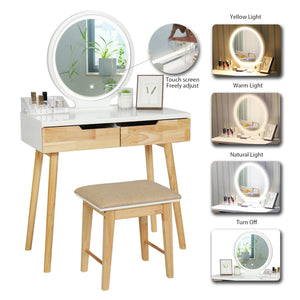 Vanity Table Set With Modes Round Mirror Wood Dressing
