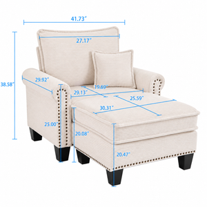 LUXSeatful Nailhead Trim Sofa with Ottoman， Rolled Arms, Single Sofa Chaise Lounge