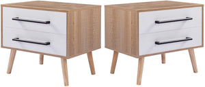 Set of 2 End Side Table Nightstand with Storage Drawers and Solid Wood Legs