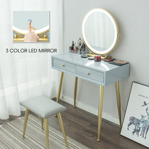 Vanity Table Set With 3 Modes Adjustable Brightness Mirror And Cushioned Stool