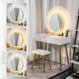 Vanity Table Set With 3 Modes Adjustable Brightness Mirror And Cushioned Stool