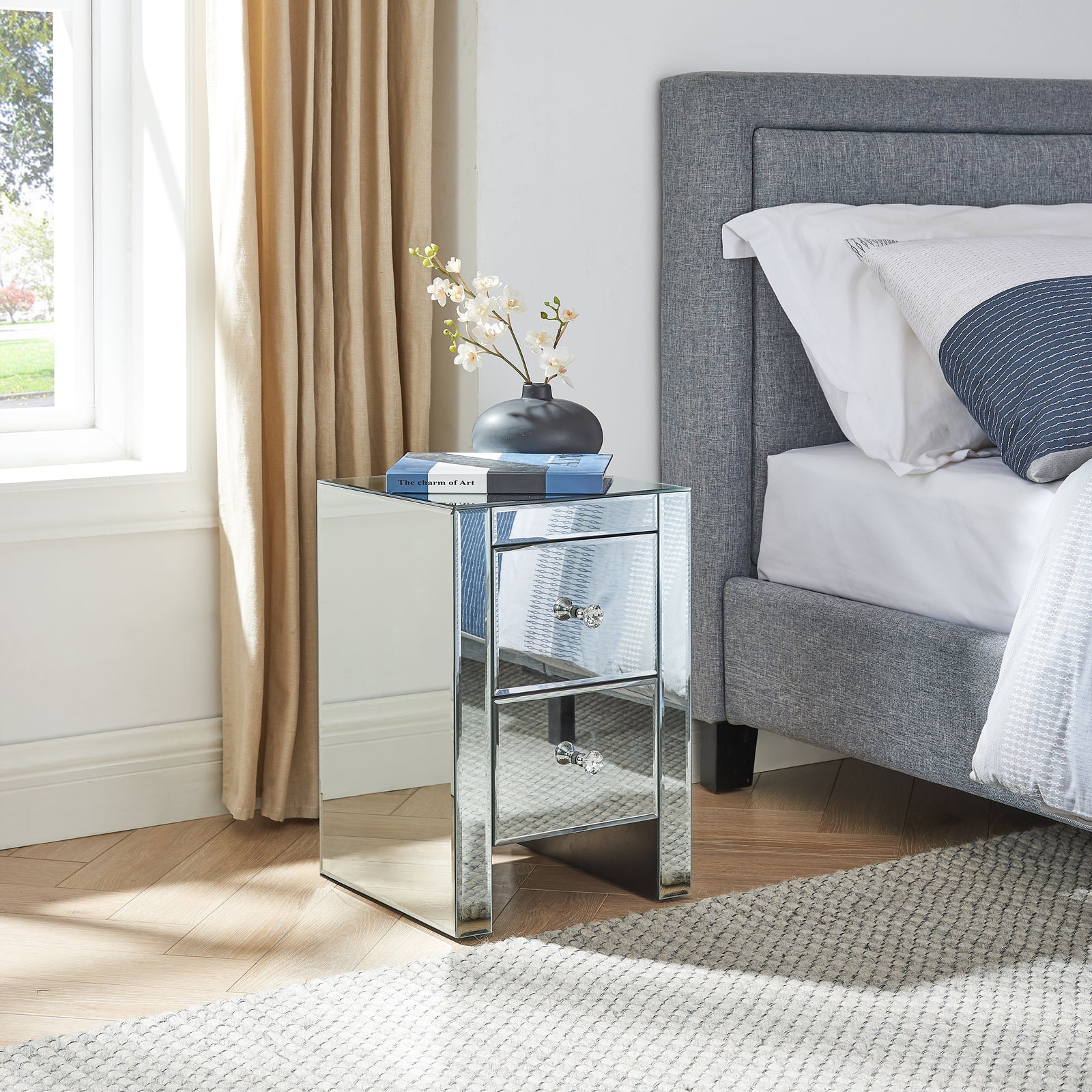 2 drawer mirrored nightstand