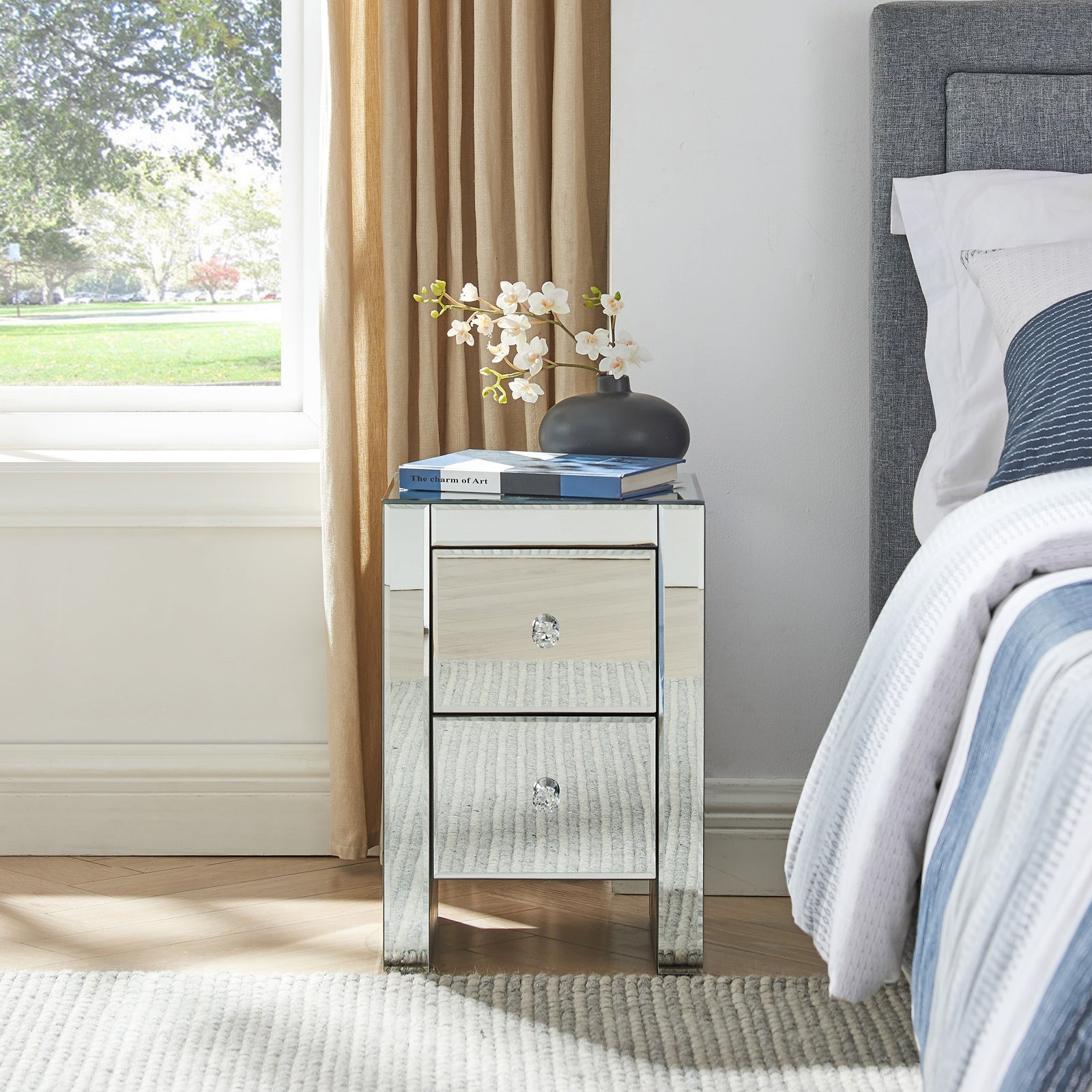2 drawer mirrored nightstand