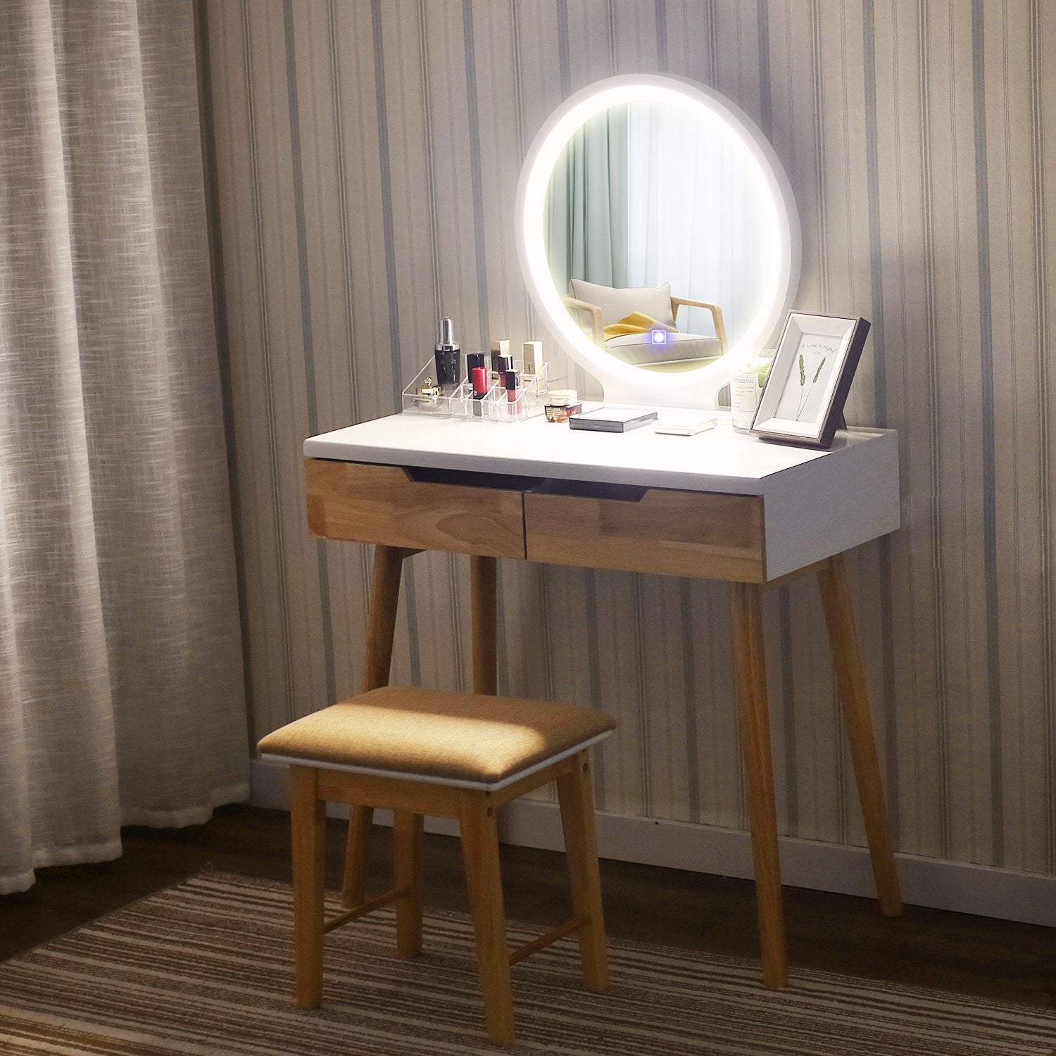 Vanity Table Set With Modes Round Mirror Wood Dressing