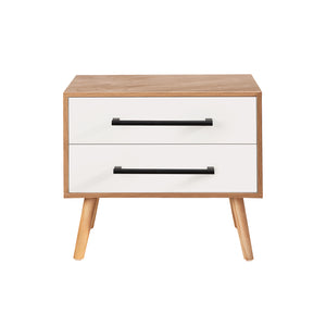 Set of 2 End Side Table Nightstand with Storage Drawers and Solid Wood Legs