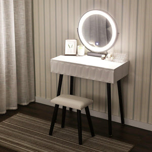 Vanity Table Set With Adjustable Brightness Mirror And Cushioned Stool