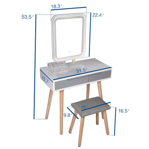 Vanity Table Set With Adjustable Brightness Mirror And Cushioned Stool